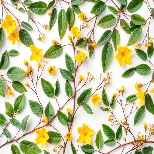 create a vibrant floral and botanical pattern featuring green leaves, yellow flowers, and delicate branches on a white background with high resolution, 50mm lens, f/2.8 aperture, soft natural lighting, captured with a DSLR camera