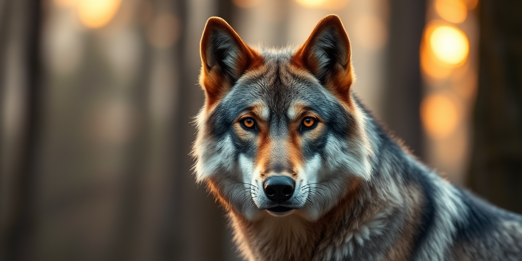 Generate a high-resolution portrait of a wolf with detailed fur and expressive eyes, set against a misty forest background during sunrise, use a Canon EOS R6 at f/2.8, 1/250s, ISO 100, with a shallow depth of field and soft bokeh effects.