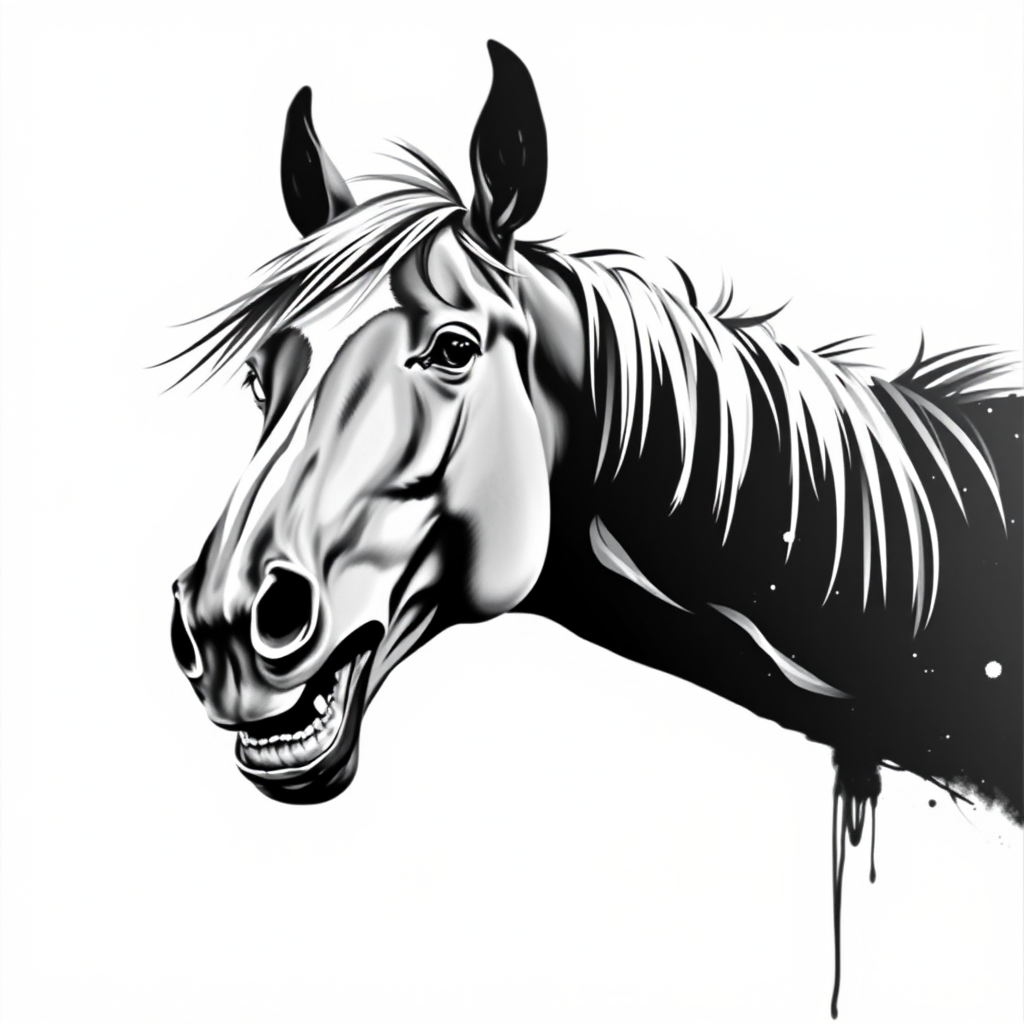Abstract black and white acrylic portrait of an over exaggerated laughing (horse). Minimalism style. White background.