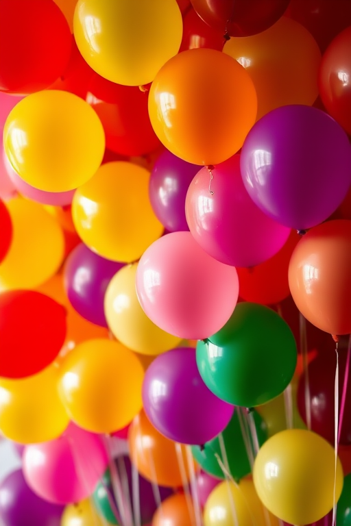 colorful balloons filling the frame, vibrant hues of red, yellow, purple, and green, high resolution, shallow depth of field, 50mm lens, f/1.8 aperture, soft lighting, macro photography, Canon EOS R5