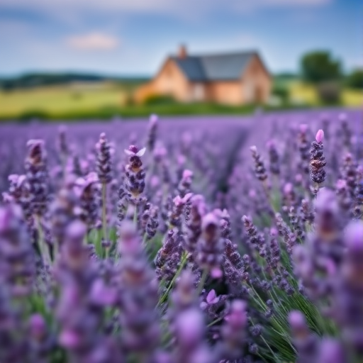 Soft-focus image of a sprawling lavender field in full bloom, soft purple flowers dancing in the breeze, with a rustic farmhouse softly blurred in the distance.