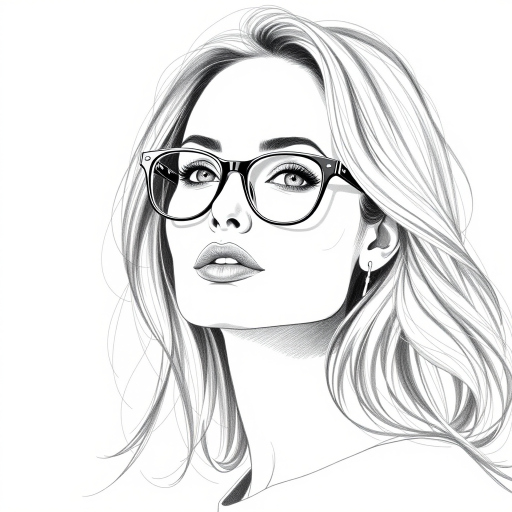 Beautiful Angelina Jolie, pencil sketch, portrait of beautiful woman 60s in glasses, hair style beatnik, outline, clear lines, fine lines, 8k