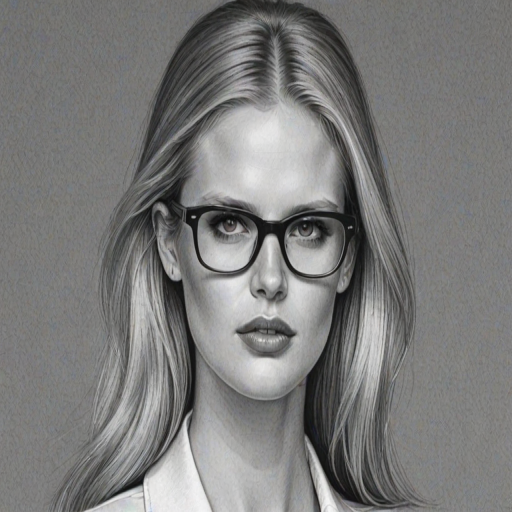 Stunning Lara Stone, pencil sketch, portrait of Fascinating woman 1974s in glasses, hair style beatnik, outline, clear lines, fine lines, 8k