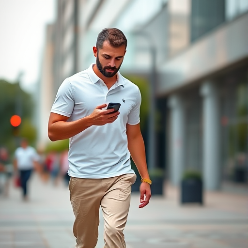 A man walking confidently in a casual white polo shirt and beige pants, looking at his phone, with a blurred urban background, captured with a Canon EOS R5, 50mm f/1.2 lens, aperture f/2.0, shutter speed 1/500s, ISO 100, natural light, street photography style.