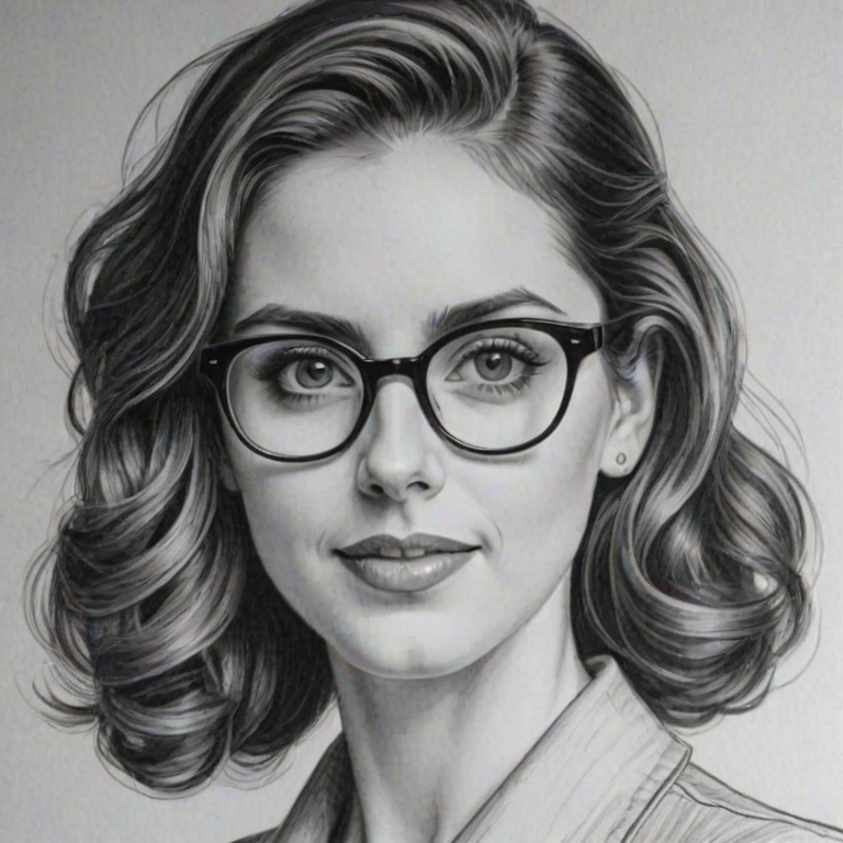 Beauteous Alison Brie, pencil sketch, portrait of Enticing woman 1940s in glasses, hair style beatnik, outline, clear lines, fine lines, 8k