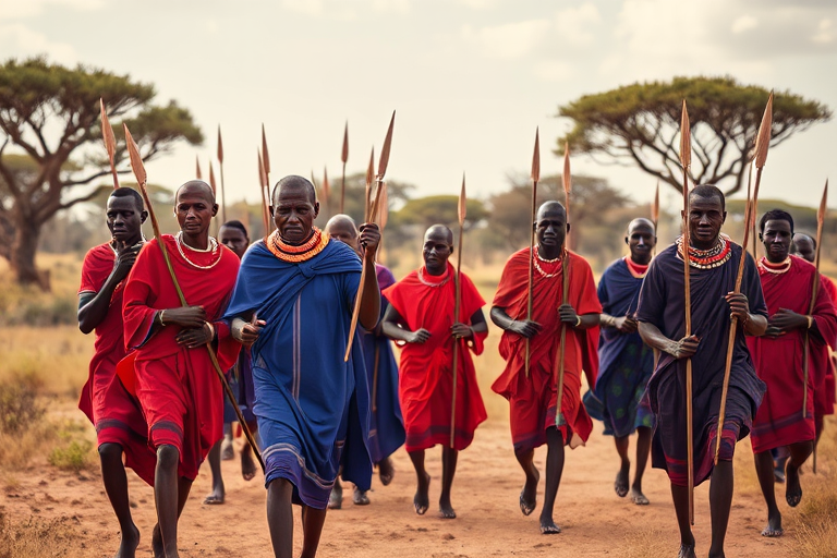 Capture a vibrant scene of Maasai warriors walking confidently in traditional attire, with sharp spears in hand, surrounded by acacia trees, shot with a Canon EOS R5 at f/2.8, 1/500 sec, ISO 100, using a wide-angle lens for an immersive perspective and a warm color grading for enhanced mood.