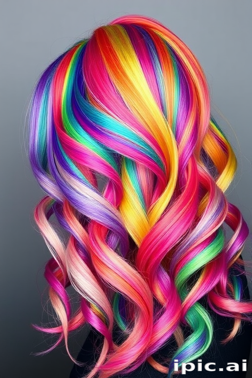 Vibrant rainbow hair arranged in the "Prismatic Dream" style showcases a spectrum of colors blended seamlessly together in a mesmerizing swirl of hues