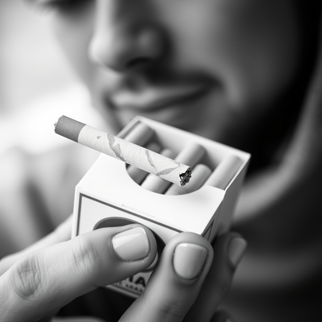 create a black and white image of a person holding a pack of cigarettes with one cigarette partially pulled out, close-up view, shallow depth of field, f/2.8 aperture, 50mm lens, ISO 100, natural lighting, soft focus background