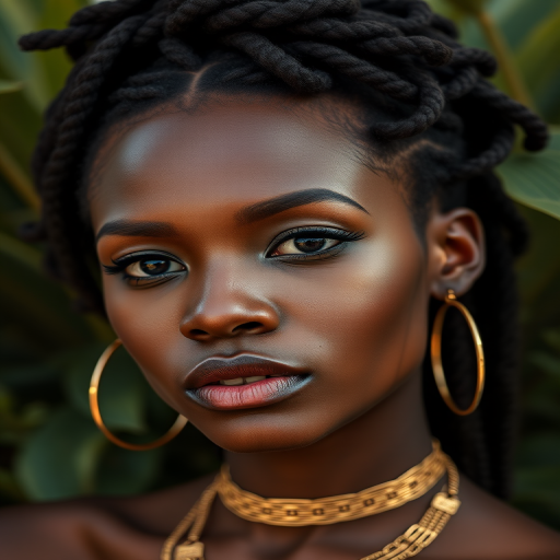 portrait of a woman with natural hair styled in intricate knots, wearing large circular earrings and golden neck jewelry, soft lighting, focus on facial features, background with green foliage, camera settings: f/1.8, 1/200 sec, ISO 100, camera view: close-up, camera style: studio lighting, camera type: DSLR