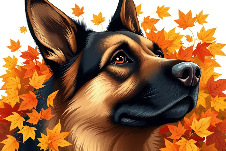 Create a detailed illustration of a German Shepherd's head surrounded by autumn leaves, captured in high resolution with a 50mm lens at f/1.8, in soft natural light, using a digital art style for clarity and vibrancy.