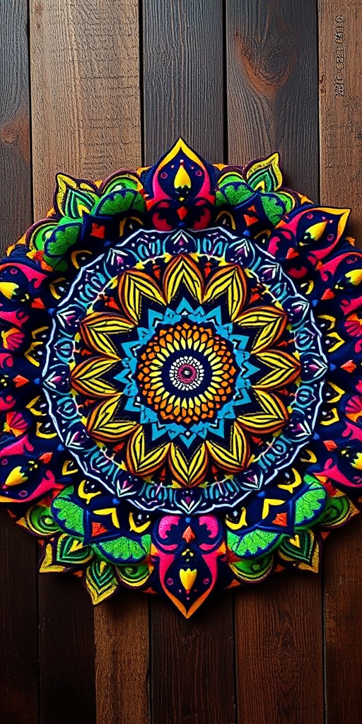 Create a vibrant circular mandala design with intricate patterns and bold colors, shot with a DSLR camera at f/8 aperture, ISO 100, 50mm lens, in overhead view, using a high dynamic range setting for enhanced detail and color saturation.