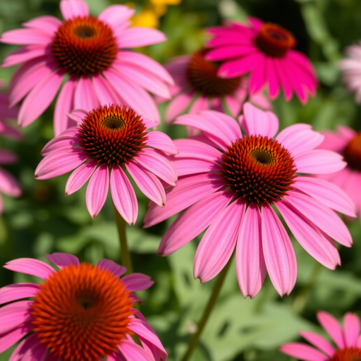 Close-up of coneflowers in a garden, vibrant pink petals and brown centers, natural lighting, aperture f/2.8, shutter speed 1/250 sec, ISO 100, macro lens, DSLR camera, shallow depth of field.