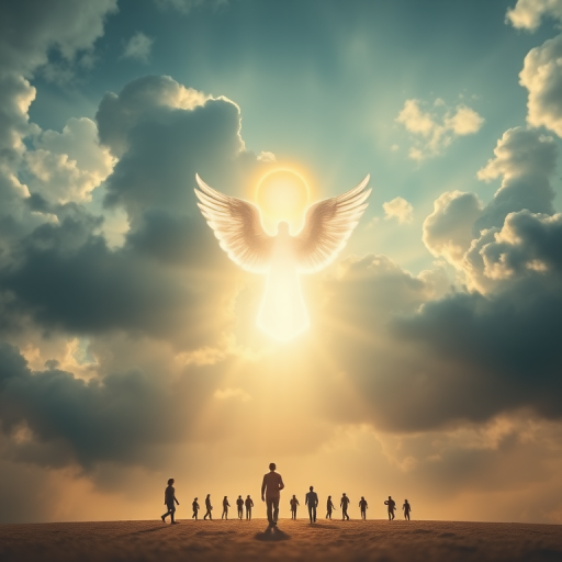 Create an ethereal scene featuring a glowing angel with a halo and wings in a cloudy sky, surrounded by small, abstract figures walking toward the light, using a Canon EOS 5D Mark IV, aperture f/8, shutter speed 1/250s, ISO 100, wide-angle lens, shot from a low angle to emphasize depth and perspective, in high dynamic range for vibrant colors.