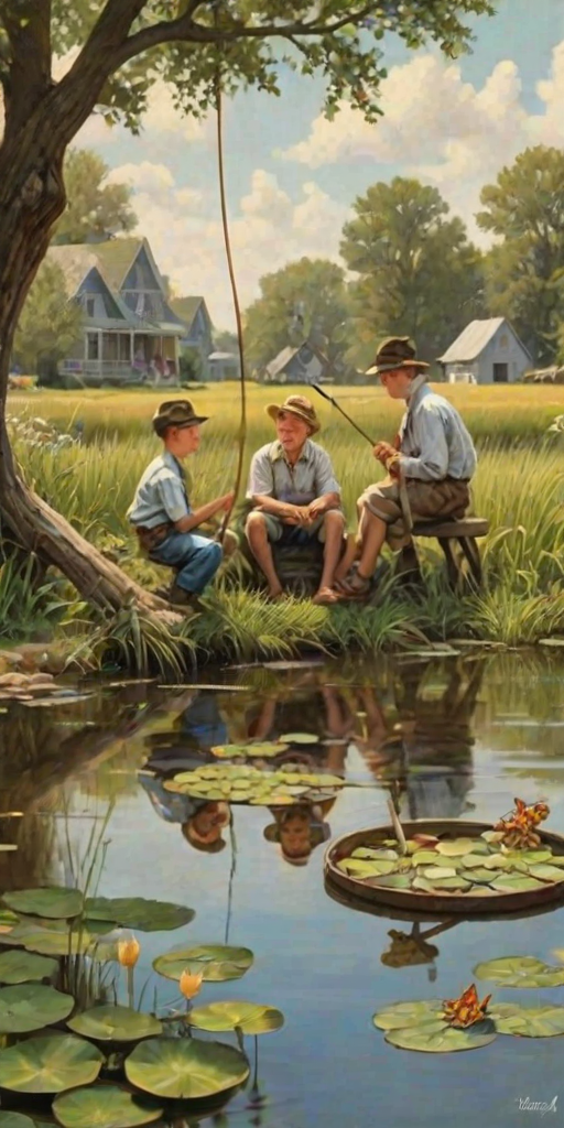 Imagine a small group of old fashioned young boys out fishing by the creek, a swing hanging from a tree branch, reeds and grasses by the water's edge, a frog sitting on a lily pad, dragonflies hovering over som water plans, a very iconic old fashioned scene reminiscent of a Norman Rockwell painting style