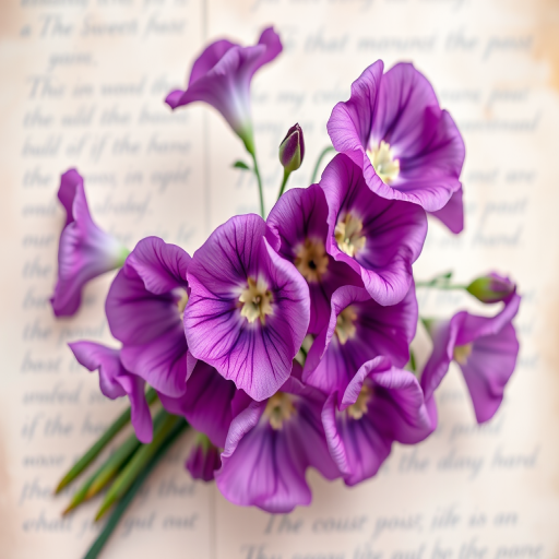 A delicate bouquet of purple sweet peas on a vintage pastel background featuring faded text in soft focus, shot with a Canon EOS R5 at f/2.8, 50mm lens, natural light, soft focus, and slight bokeh effect.