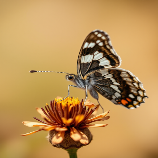 macro shot of a butterfly perched on a dry flower with a soft blurred background, aperture f/2.8, shutter speed 1/200s, ISO 100, 85mm lens, natural light, focus on the butterfly's textures and colors