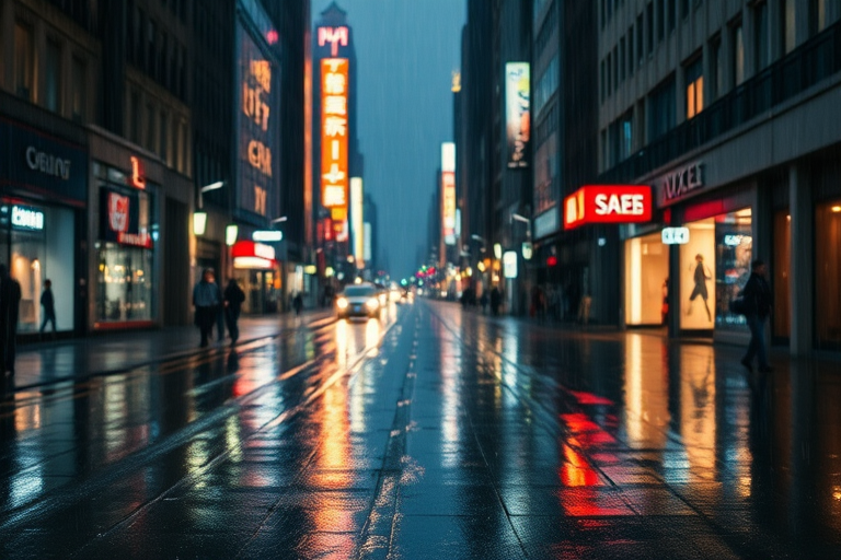 Sharp, high-resolution image of a rainy city street at night, soft reflections of neon signs glistening on the wet pavement, distant cars driving by, and the sound of raindrops tapping against windows, a mood of quiet contemplation.