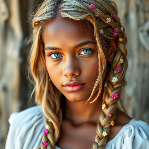 Create an image of a young Garifuna woman with long, wavy blonde hair, adorned with small, colorful flowers woven into her braids and loose strands. Her complexion is fair, with soft, glowing skin, and she has light blue eyes that gaze softly at the viewer. She wears a light, flowing dress with a gentle, ethereal quality, complementing her delicate and serene appearance. The background is slightly blurred, drawing focus to her tranquil expression and the intricate details of the flowers in her hair. The overall mood of the image is one of natural beauty and grace, evoking a sense of peacefulness and connection with nature.