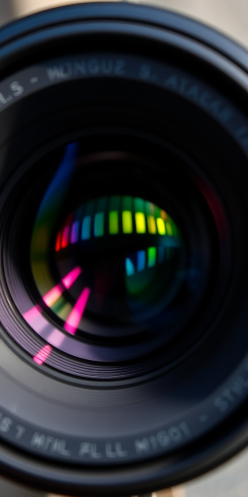 Generate a high-resolution image of a camera lens with detailed reflections, using a 50mm f/1.8 lens with a shallow depth of field, shot at 1/200s shutter speed in natural light, with a focus on the lens coating texture, featuring a vibrant color palette and crisp clarity.