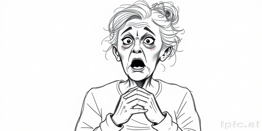 scribbly unfinished sketch, old lady with messy gray hair in a loose bun, surprised expression, mouth open, hands clasped together in front of her chest. Her eyes are wide, eyebrows are furrowed. vibe of shock or surprise.