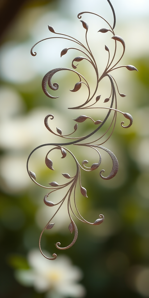create a high-resolution image of an elegant floral swirl design with intricate curves and delicate petal-like shapes captured using a DSLR camera with a 50mm f/1.8 lens, aperture set at f/4, ISO 100, natural lighting, shallow depth of field, and a soft focus background to enhance the details and contrast of the design.