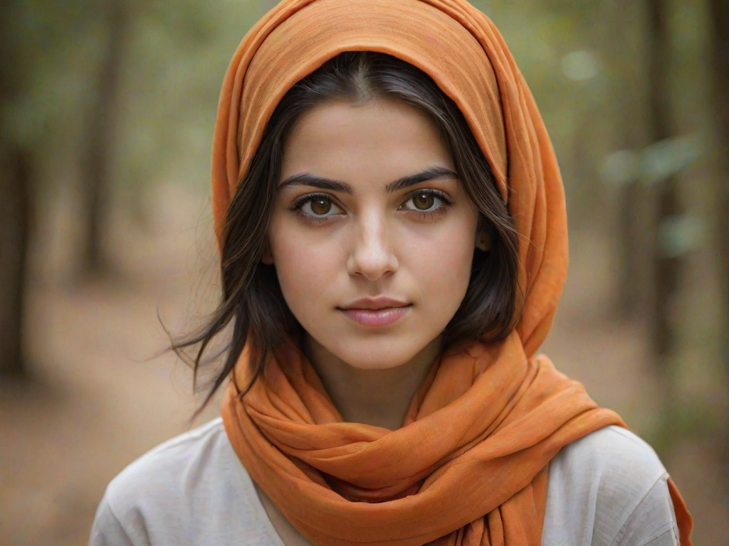 Create a portrait of a young Druze female with long, dark hair and captivating hazel eyes. She is wearing a orange headscarf and a matching scarf draped gracefully around her neck. The background is softly blurred, focusing attention on her serene and natural expression. The overall color palette is muted and warm, enhancing the intimate and authentic feel of the portrait.