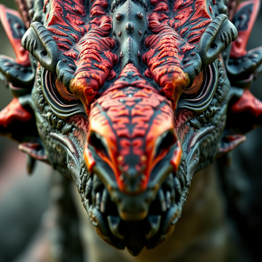regenerate a highly detailed close-up of a fierce dragon's face with sharp features and vivid colors, 50mm lens, f/2.8 aperture, ISO 100, captured in natural light, using a DSLR camera with high dynamic range settings
