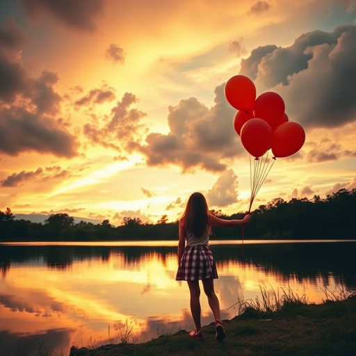 Generate a surreal landscape with a girl standing by a lake at sunset holding orange balloons, featuring dramatic clouds and warm hues, shot with a DSLR camera at f/2.8, ISO 100, 24mm lens, with a wide-angle view and vibrant color grading for enhanced quality.