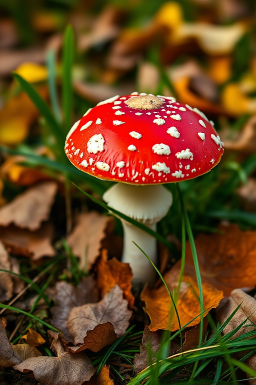 A vibrant red mushroom with white spots, surrounded by autumn leaves and grass, shot in macro view using a Canon EOS R5 with a 100mm f/2.8 macro lens, aperture set to f/4 for a soft background blur, natural lighting to enhance colors and details.