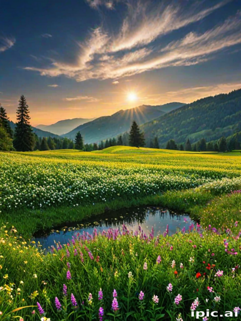 Serene Sunrise Over a Flower-Filled Meadow with Majestic Mountains in ...