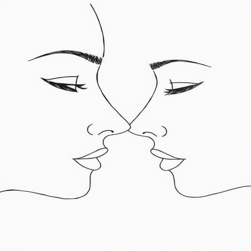 Create a minimalistic line drawing of two abstract faces touching, shot with a Canon EOS R5 at f/2.8, ISO 100, using a 50mm lens from a close-up perspective, in natural light for enhanced contrast and clarity.