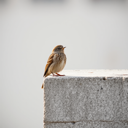 capture a sharp close-up of a brown bird perched on a textured concrete ledge with a blurred background using a DSLR camera, aperture f/4, shutter speed 1/200, ISO 200, 85mm lens, natural lighting, focus on the bird and ledge details