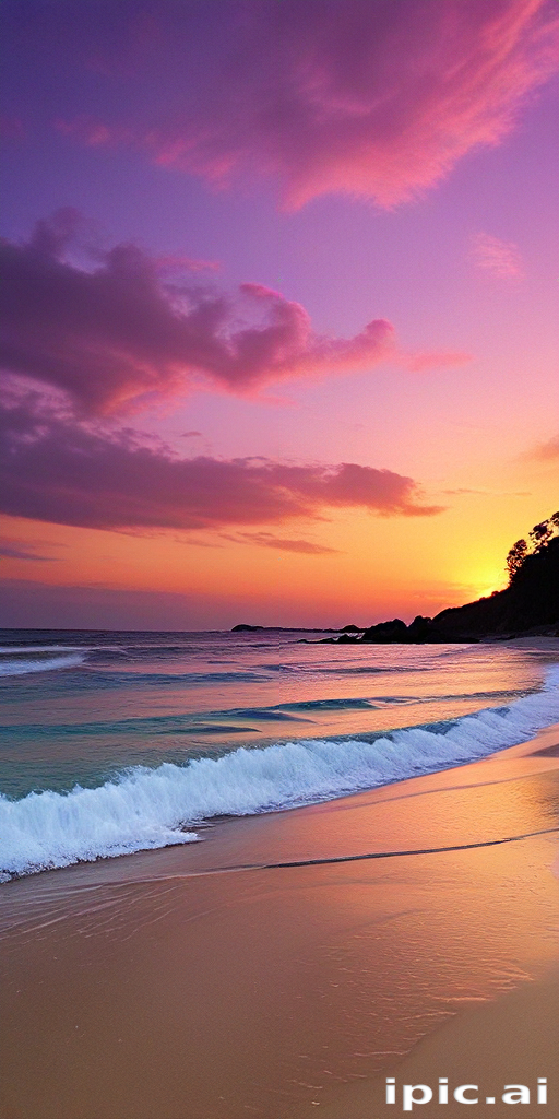 Serene Sunset Over Tranquil Beach with Gentle Waves and Colorful Sky