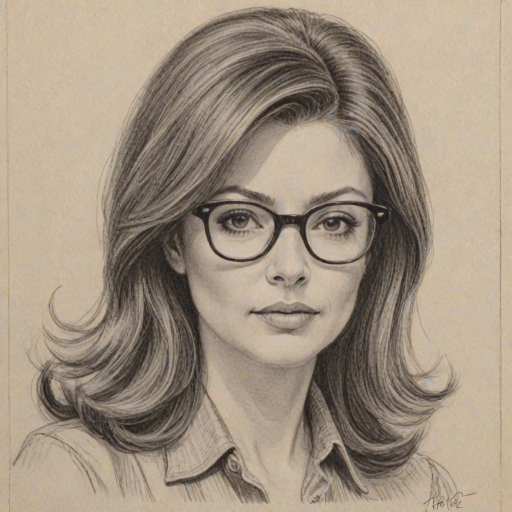 Fascinating Jane Leeves, pencil sketch, portrait of Bewitching woman 1961s in glasses, hair style beatnik, outline, clear lines, fine lines, 8k