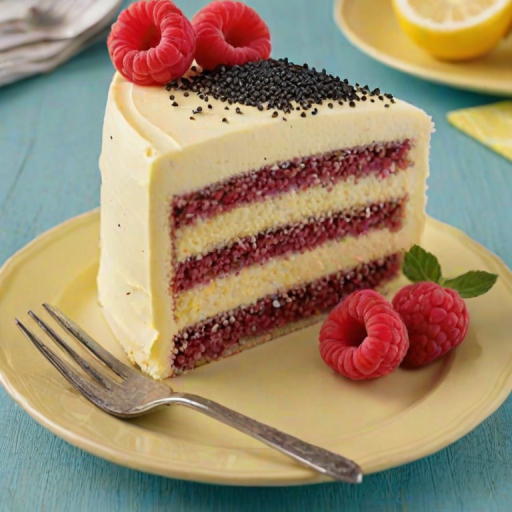 Create an image of a slice of layered cake with light yellow frosting, poppy seeds, and raspberry filling. The cake should have a decorative lemon slice on top and be presented on a colorful plate with a fork beside it.