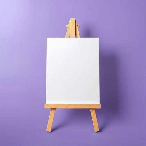 minimalist design of a blank easel on a solid purple background, shot with a Canon EOS R5, aperture f/4, shutter speed 1/125 sec, 35mm lens, top-down view, soft natural lighting for enhanced clarity and focus.