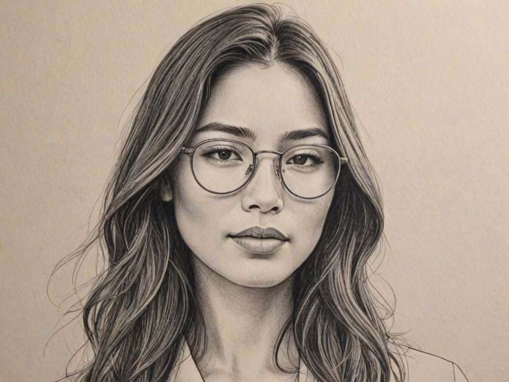 Gorgeous Jessica Gomes, pencil sketch, portrait of Stunning woman 1934s in glasses, hair style beatnik, outline, clear lines, fine lines, 8k