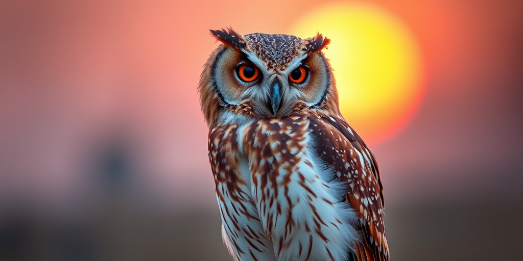 majestic owl perched against a blurred sunset background, vibrant feathers featuring rich reds and whites, shallow depth of field, f/2.8 aperture, 50mm lens, ISO 100, soft bokeh effect, natural lighting, DSLR camera