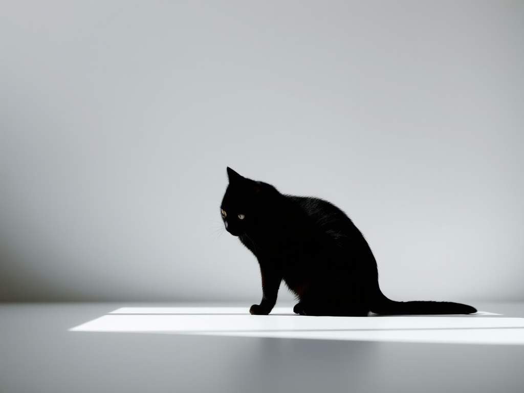 Create a high-resolution image of a minimalist black silhouette of a cat sitting gracefully, taken with a Canon EOS R5, 50mm lens, f/1.8 aperture, ISO 100, natural light, and centered composition.