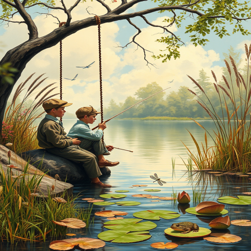 Imagine a small group of old fashioned young boys out fishing by the creek, a swing hanging from a tree branch, reeds and grasses by the water's edge, a frog sitting on a lily pad, dragonflies hovering over som water plans, a very iconic old fashioned scene reminiscent of a Norman Rockwell painting style