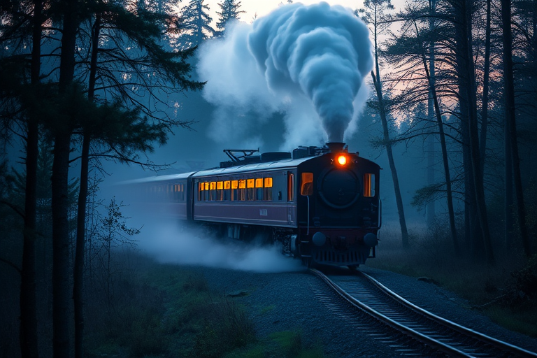 Capture a vintage train moving through a misty forest at twilight, with glowing windows and steam rising, using a DSLR camera, 50mm lens, f/1.8 aperture, ISO 200, 1/125 shutter speed, shot at eye level with a shallow depth of field for a dreamy effect.