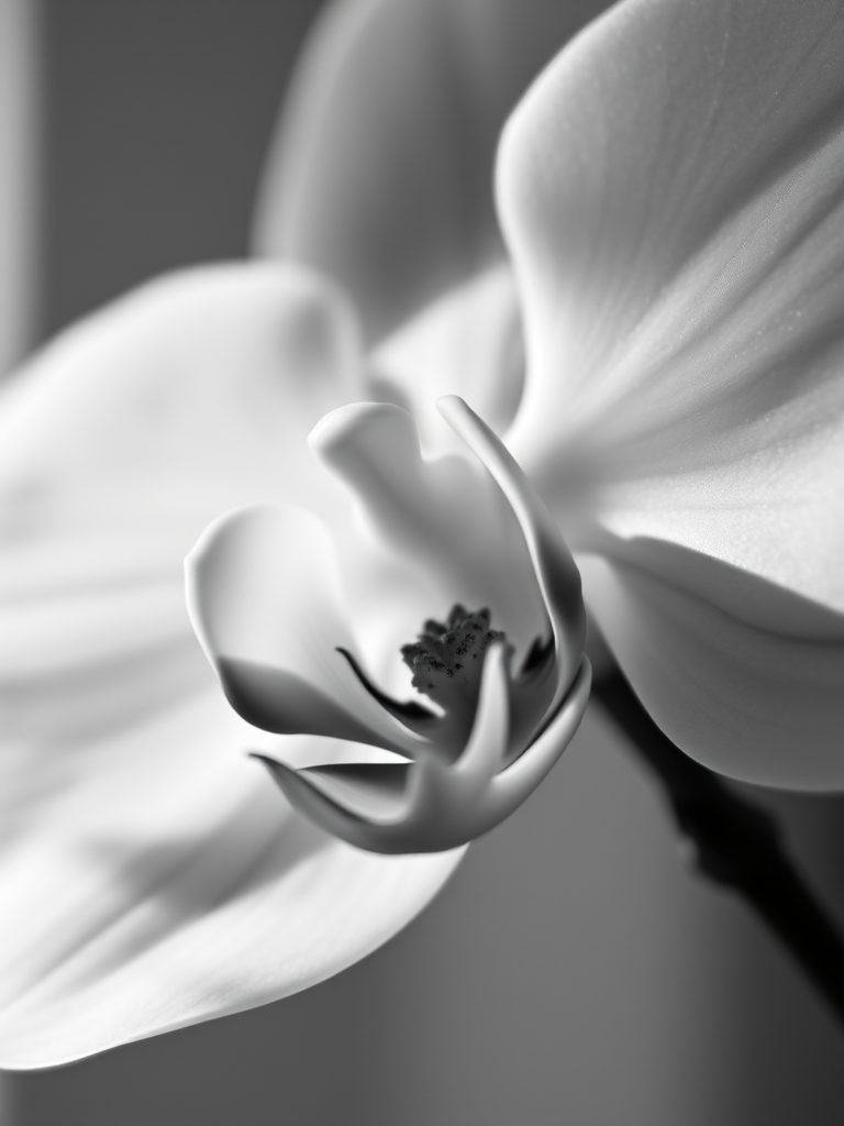 Close-up of an orchid flower in black and white, shallow depth of field, soft natural lighting, aperture f/2.8, shutter speed 1/200, ISO 100, macro lens, DSLR camera, blurred background.