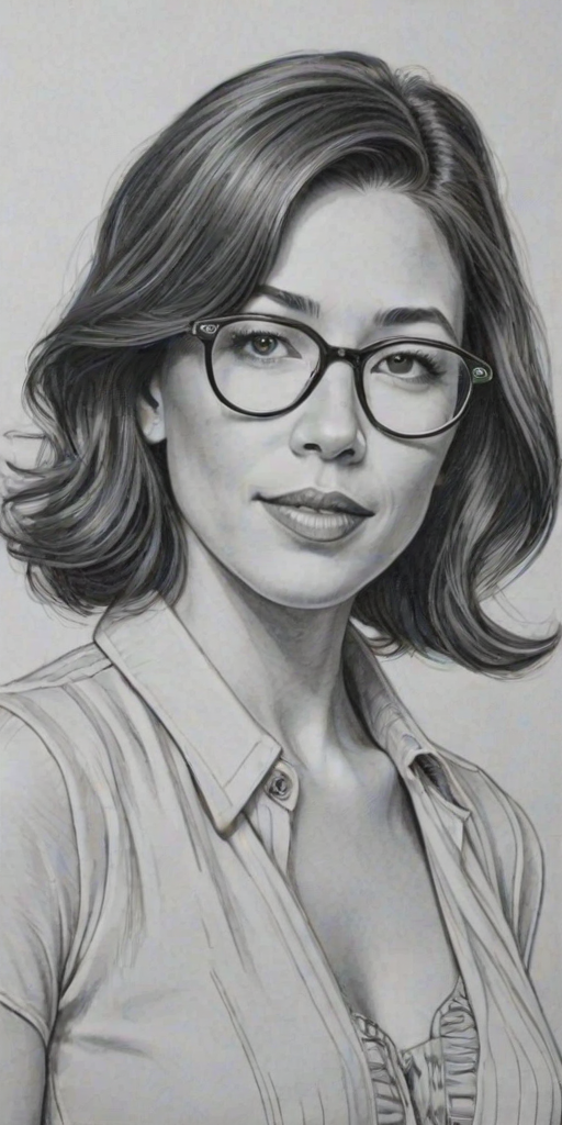 Resplendent Michaela Conlin, pencil sketch, portrait of Dazzling woman 1933s in glasses, hair style beatnik, outline, clear lines, fine lines, 8k