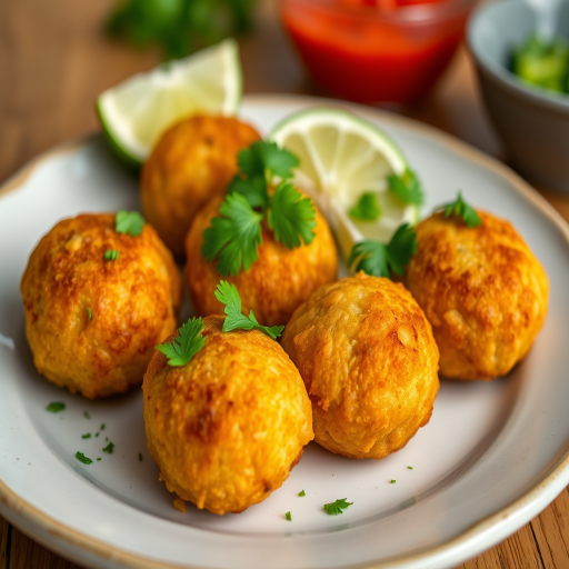 high-quality food photography of a plate with five golden-brown croquettes garnished with fresh cilantro and lime wedges, shallow depth of field, natural lighting, ISO 100, f/2.8, 50mm lens, DSLR camera