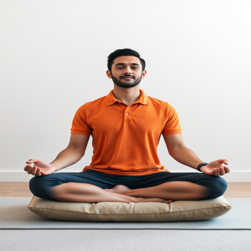 Generate a high-resolution image of a person meditating, sitting cross-legged on a soft cushion, wearing an orange polo shirt, with minimalist background, using a Canon EOS R, 85mm lens, f/1.8 aperture, ISO 100, soft lighting for smooth skin tones.