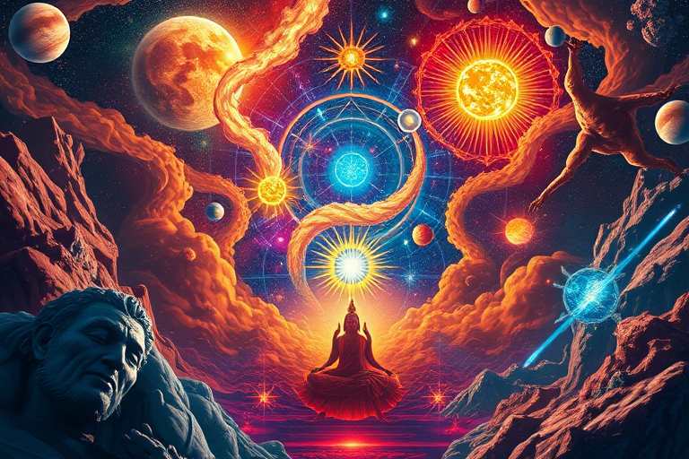 Create a vibrant, intricate digital art piece depicting a cosmic scene with celestial bodies, spiritual figures, and rich colors representing enlightenment and interconnectedness, captured with a Canon EOS R5 camera, 24mm lens, f/8 aperture, ISO 100, 1/125 sec shutter speed, in a wide-angle view for enhanced detail and depth.