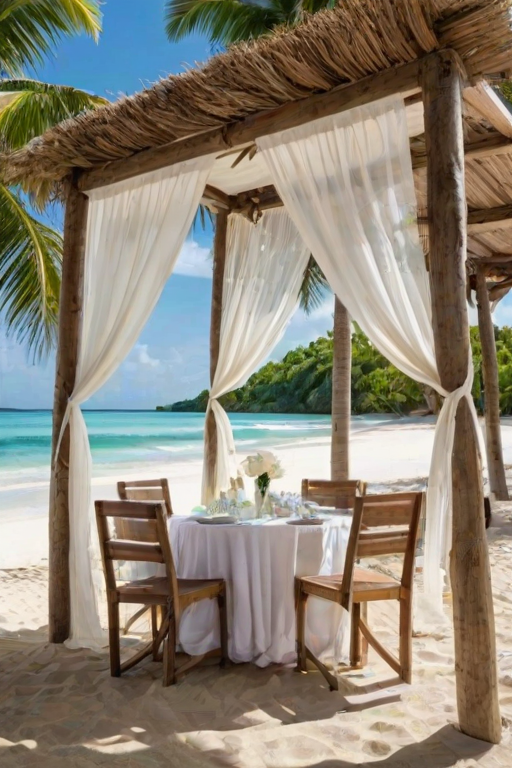 Create a picturesque tropical beach scene featuring a serene, white sandy shore. In the foreground, there's a rustic wooden canopy with white drapes gently flowing in the breeze. Underneath the canopy, a table is set with tropical decor, evoking a sense of relaxation and leisure. The beach extends into a calm, shallow water area with reflections of the sky and surroundings. Palm trees and lush greenery line the edge of the beach, providing a natural, tropical backdrop. The sky is clear with a few scattered clouds, and the overall atmosphere is tranquil and inviting, perfect for a peaceful retreat.