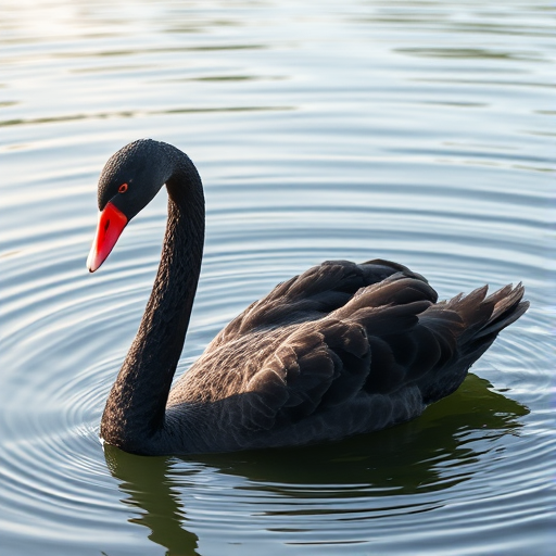 black swan swimming in calm water with ripples, close-up shot, natural lighting, f/2.8 aperture, 1/200 sec shutter speed, ISO 100, DSLR camera, shallow depth of field, vibrant colors.