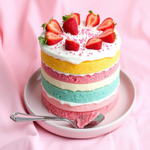 A colorful layered cake with a pink filling and white frosting topped with fresh strawberries and sprinkles on a round plate with a silver serving utensil next to it, set against a soft pink cloth backdrop.