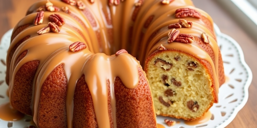 A deliciously moist bundt cake with a rich caramel glaze drizzled over the top and garnished with pecans, showcasing a slice revealing a nut-filled interior on a decorative white plate.